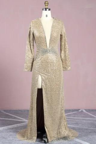 dazzling champagne sequin long sleeve slit formal gown