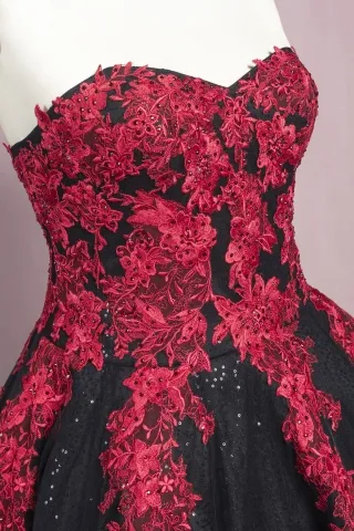 beaded red lace appliqued black sequin dress