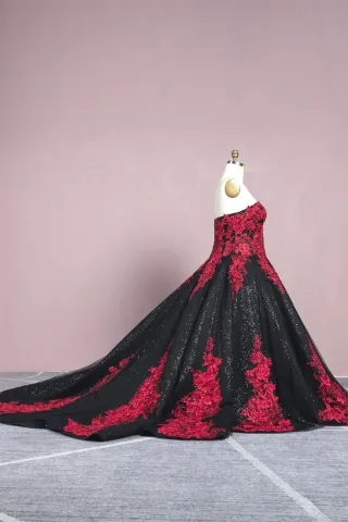 black sequin beaded red lace ball gown