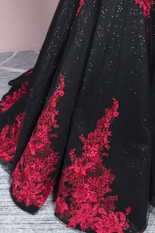 black sequin with beaded red lace appliques