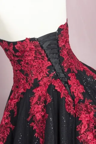 red lace appliqued lace up back