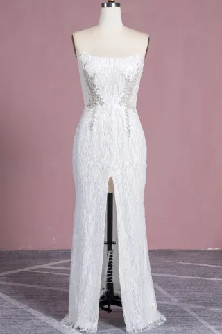 luxury beadings strapless beaded slit reception dress