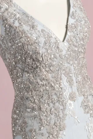 floral glitter sequin lace V neck dress