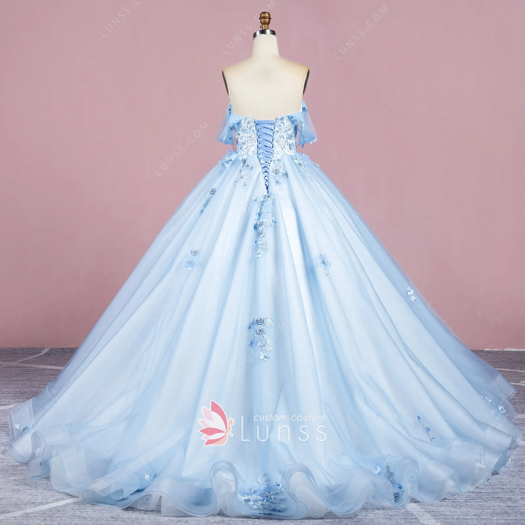 Pearled 3D Flower Lace Appliqued Blue Prom Ball Gown - Lunss