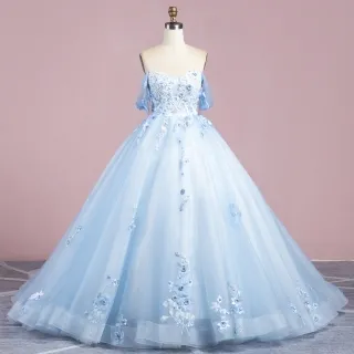 pearled 3d flower lace appliqued blue prom ball gown