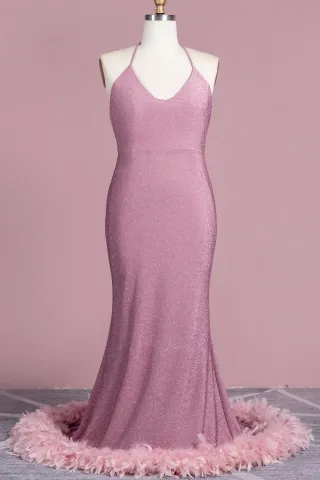 dusty rose spandex glitter with feather train prom dress