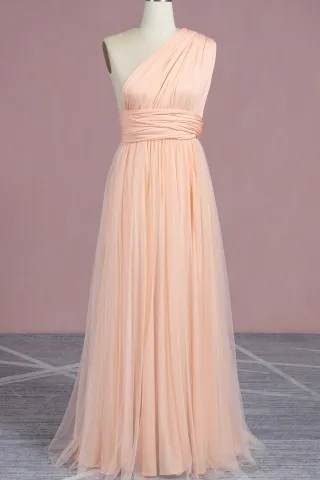 stretchy peach jersey and tulle multiway bridesmaid dress