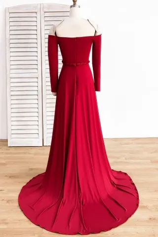 off the shoulder long sleeve red jersey prom dress
