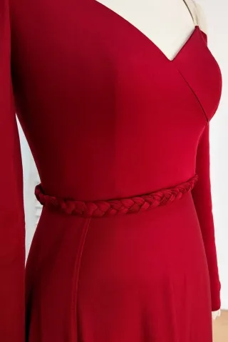 red jersey V neck dress