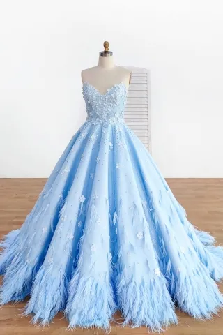 luxury 3d flowers beadings feathers blue prom ball gown