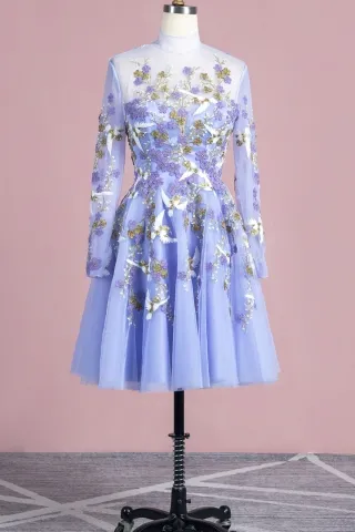 vintage floral and birds embroidered lavender short dress