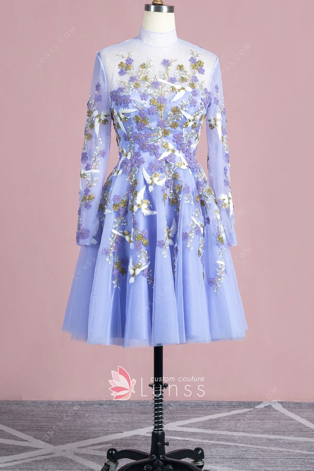 vintage floral and birds embroidered lavender short dress