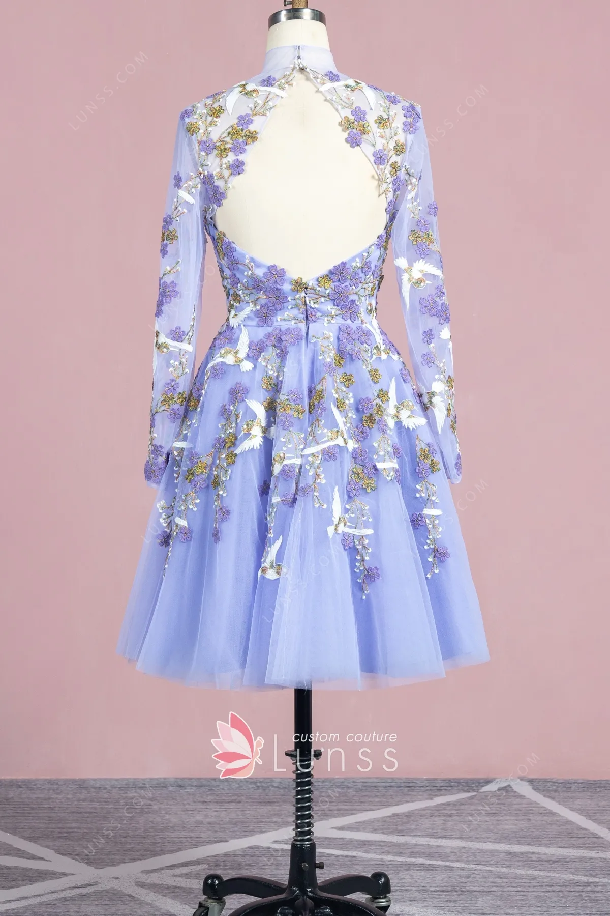 vintage inspired beautiful floral and birds embroidered lavender short formal dress