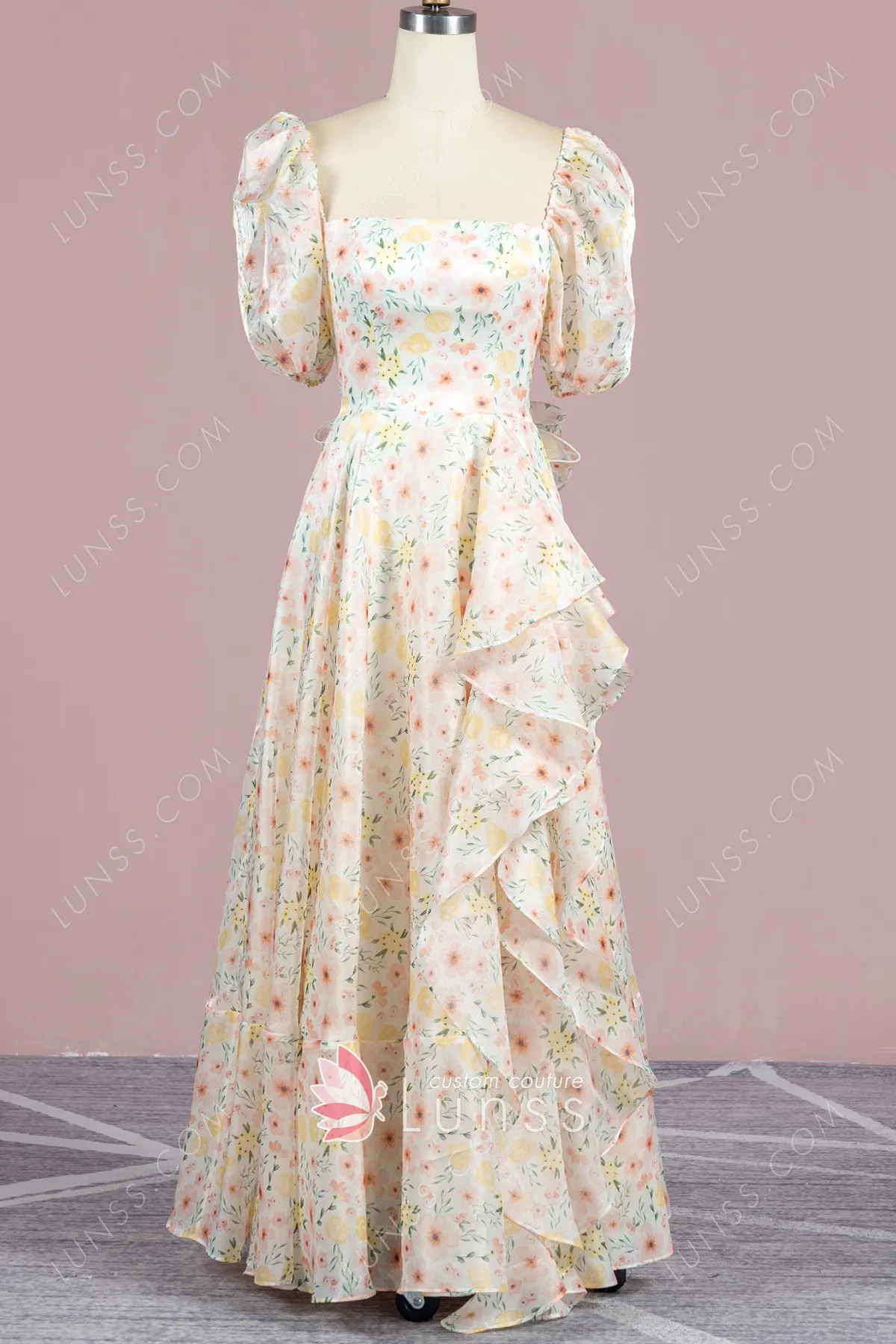floral print ruffled organza puff sleeve evening dress floral print ruffled organza puff sleeve evening dress