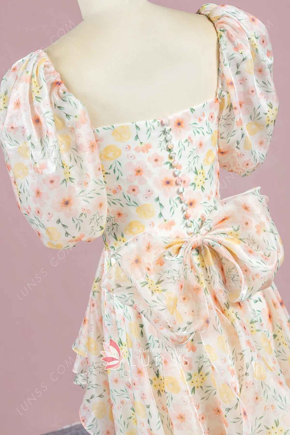floral printed organza dress with bow at back floral printed organza dress with bow at back
