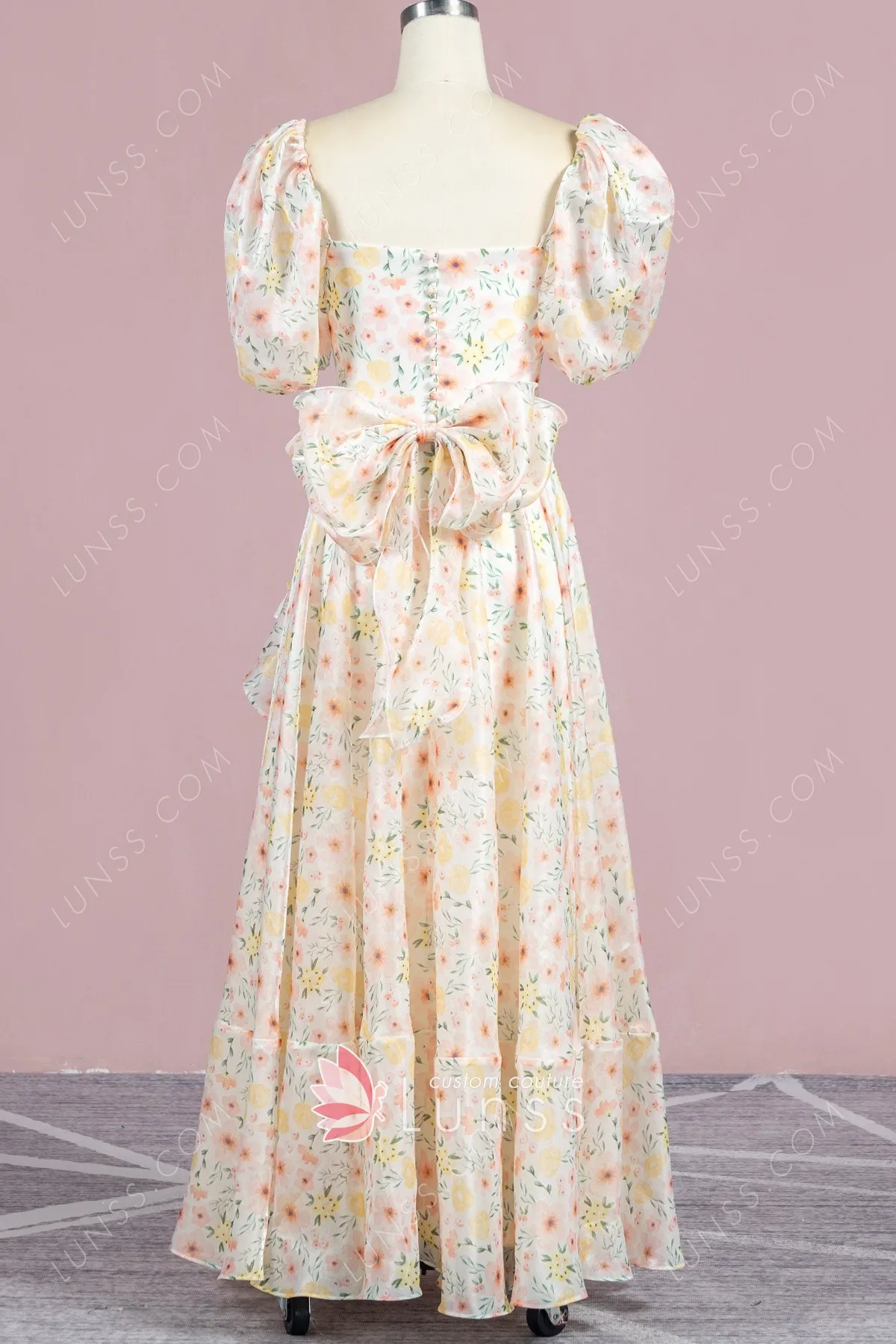 pink floral printed organza bowtie long evening dress pink floral printed organza bowtie long evening dress