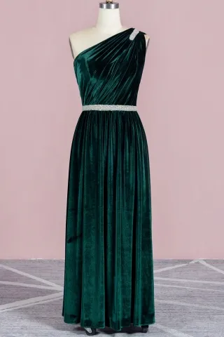 timeless dark green velvet beaded one shoulder long dress