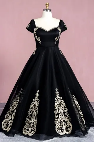 black mesh gold lace appliques vintage formal ball gown