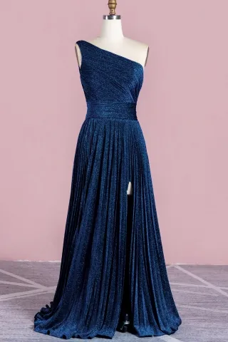 pleated navy glitter one shoulder slit a line formal gown