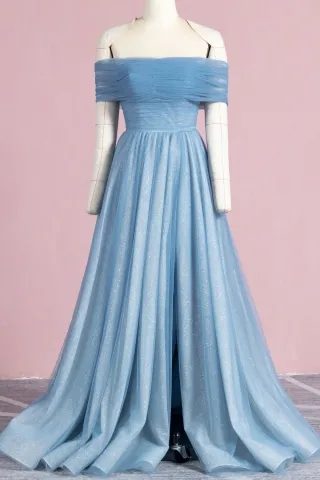 off shoulder dusty blue tulle glitter lining formal dress