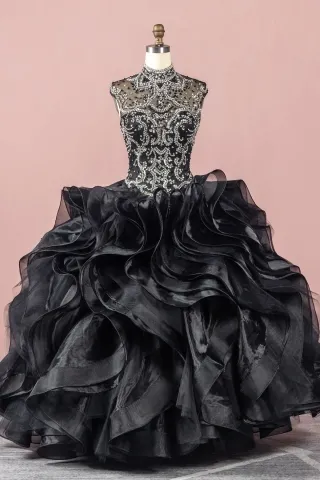 luxury beaded flounced black organza corset ball gown