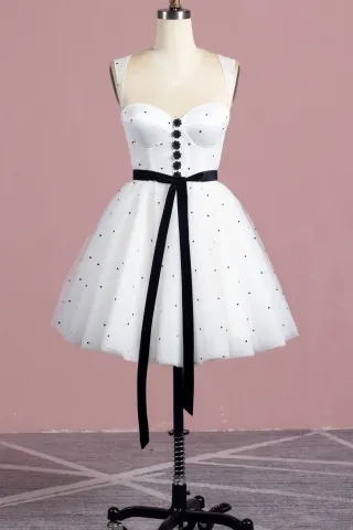 black polka dotted ivory white satin tulle cocktail dress