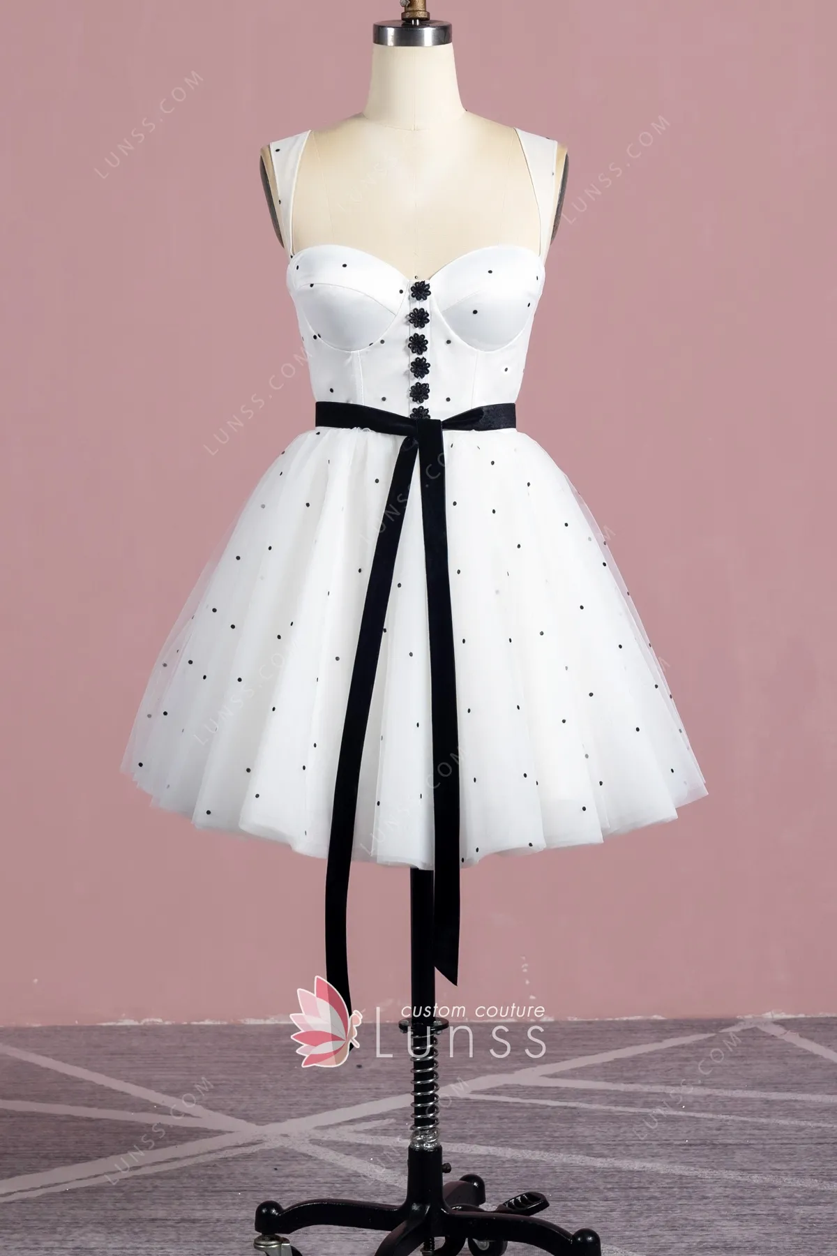 black polka dotted ivory white satin tulle cocktail dress