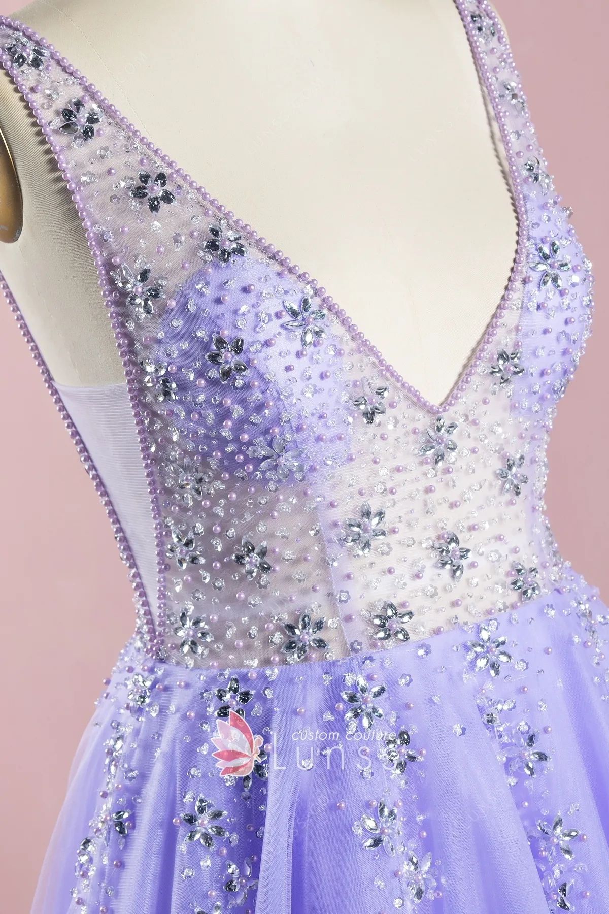 Glamorous Metallic V-Neck Beaded Embellishment & Pearl Details Maxi Prom Dress DP7284