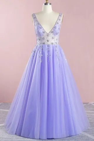 charming beaded sheer bodice lavender evening prom gown