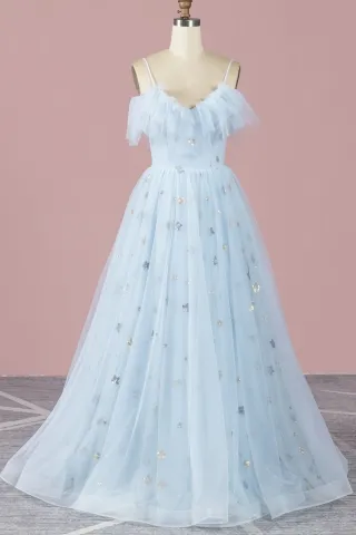 fairytale stars sequinned ice blue tulle long prom dress