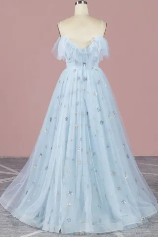 stars sequinned ice blue tulle floor length princess evening prom formal dress