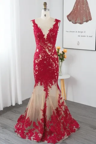 beaded floral leaf red lace sheer mermaid formal gown