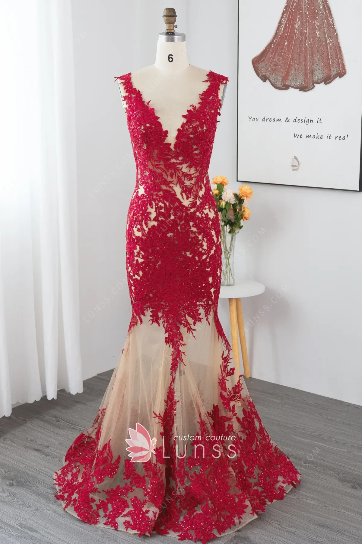 Beaded Floral Leaf Red Lace Sheer Mermaid Formal Gown Lunss
