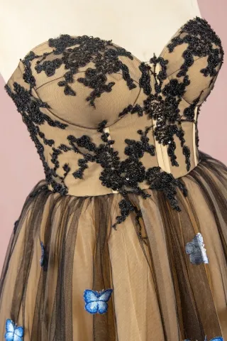 beaded floral black lace appliqued strapless sweetheart bodice
