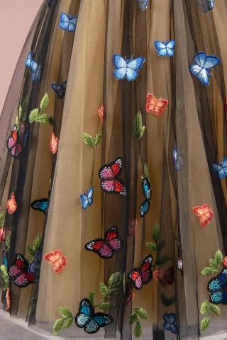 colorful 3D butterflies embellished on black tulle skirt