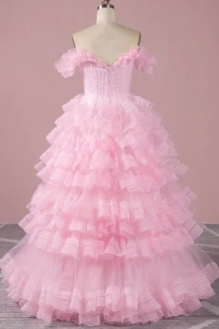 amazing tiered pink organza and tulle floor length A line long princess dress
