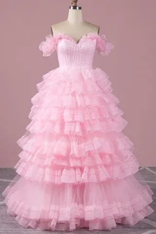 ruffled off the shoulder tiered pink princess prom dress