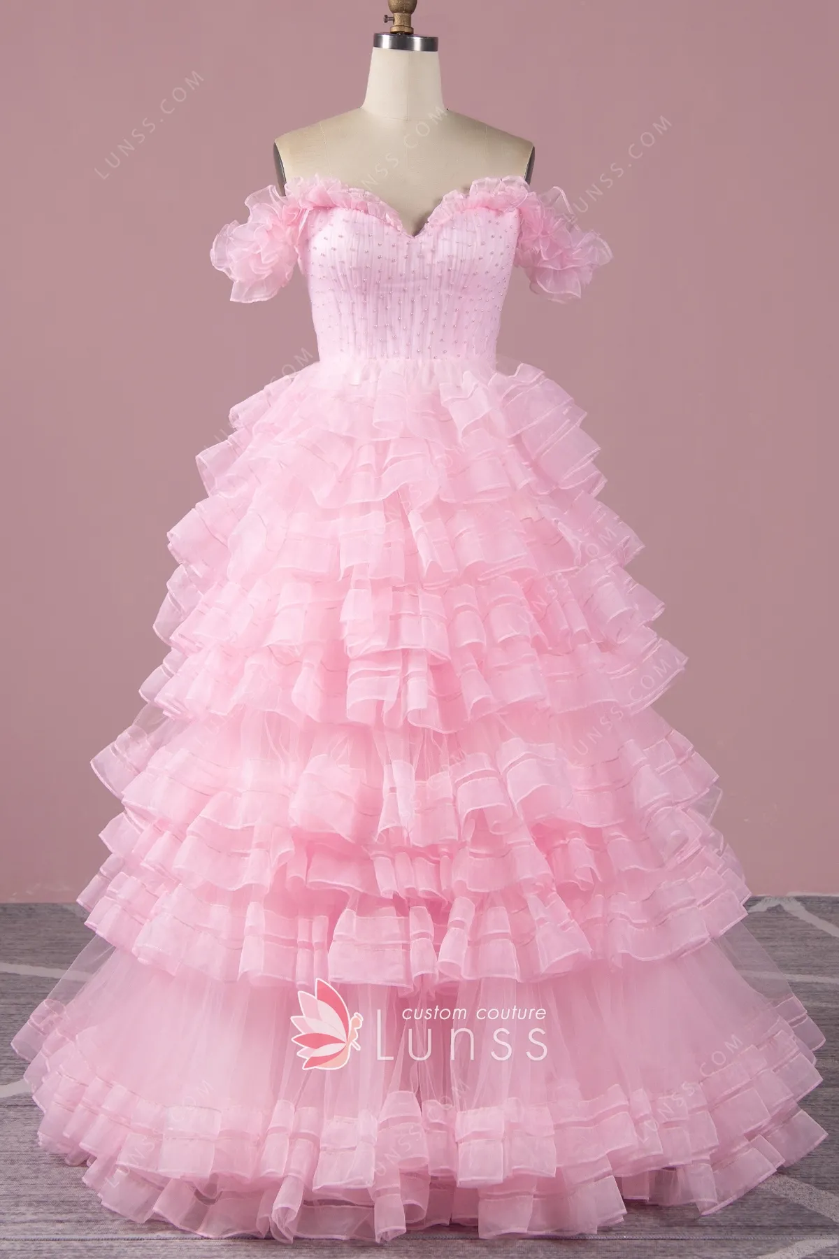 Ruffled Off the shoulder Tiered Pink Princess Prom Dress Lunss