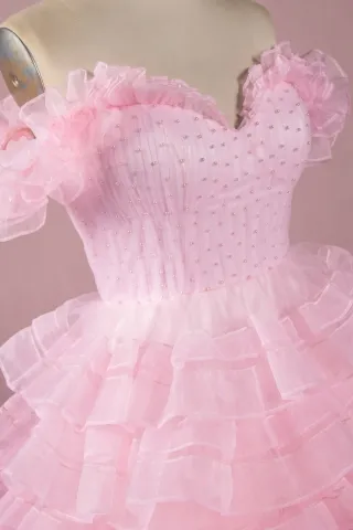 ruffled organza off the shoulder neckline
