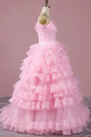 ruffled tiered pink princess prom dress