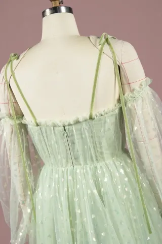 spaghetti straps mint green heart tulle dress