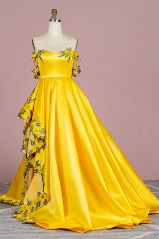 3d flowers asymmetrical split yellow satin prom dress