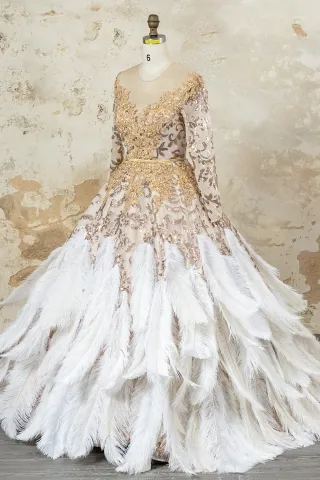 gold beading ostrich hair ball gown
