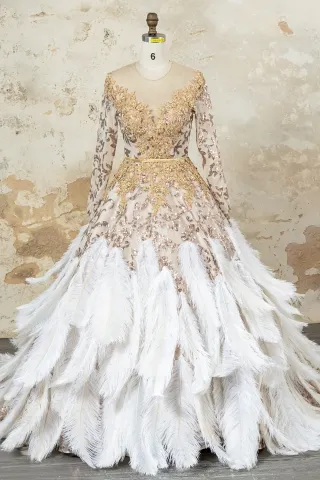 gorgeous gold beading oversized ostrich hair ball gown