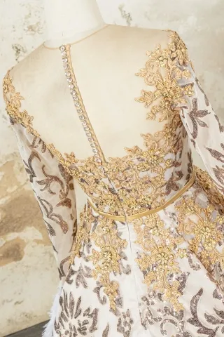 sparkly gold sequin lace V back with buttons