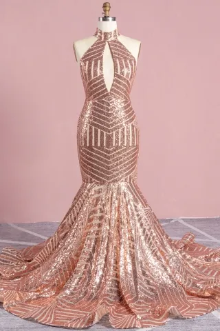 sexy cut out rose gold sequin mermaid prom dress