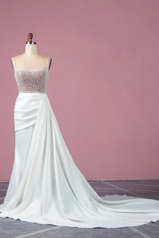 luxury pearls beaded asymmetrical long train prom dress