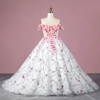 amazing peach pink 3d flowers printed organza ball gown
