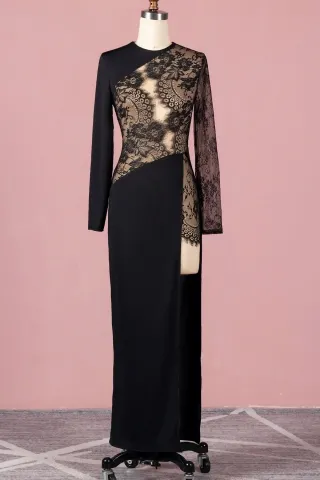 sexy sheer black scalloped lace asymmetrical sleeve dress