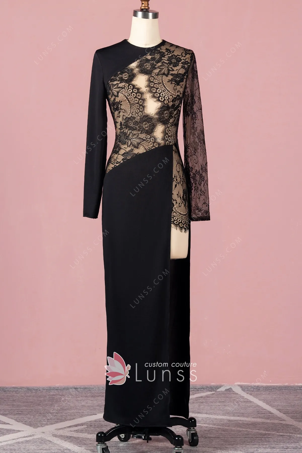 ASYMMETRIC SHINY LACE TRIM DRESS BLACK